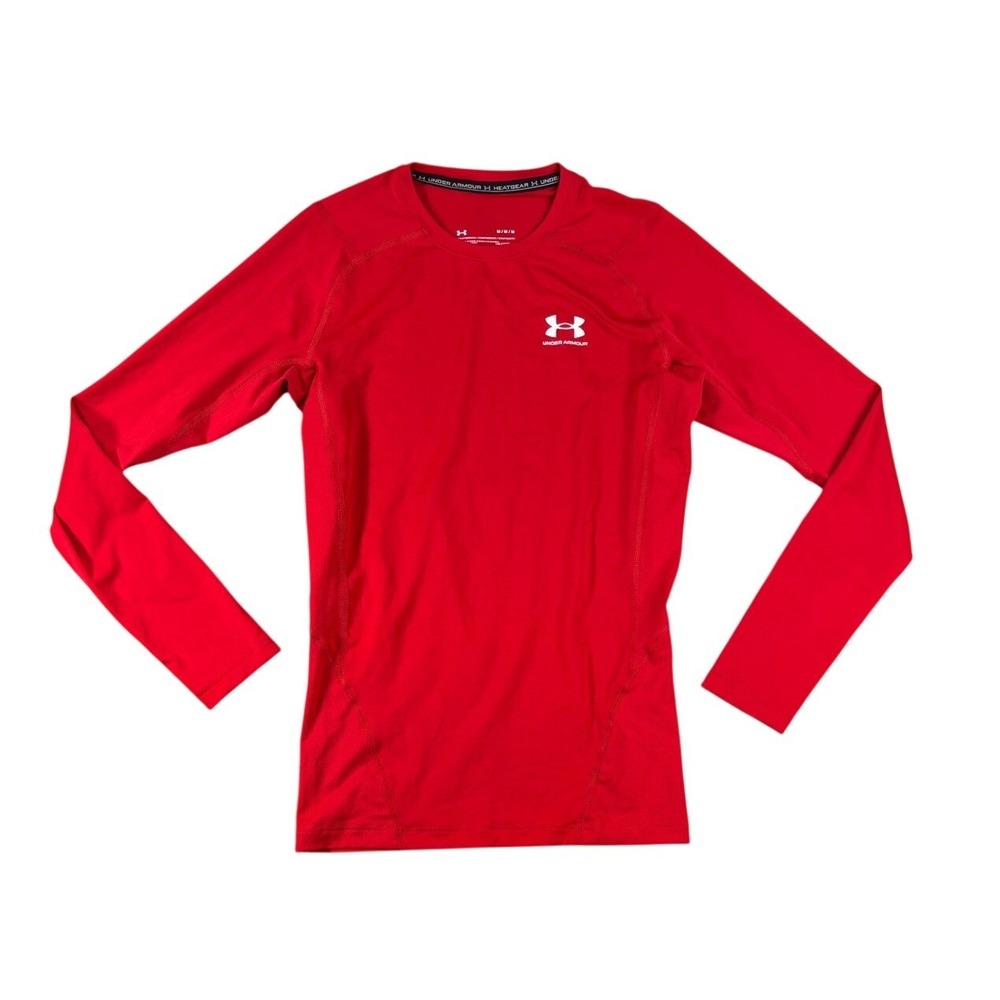 Under Armour Mens HeatGear Compression Shirt Red Long Sleeve Medium Training Top